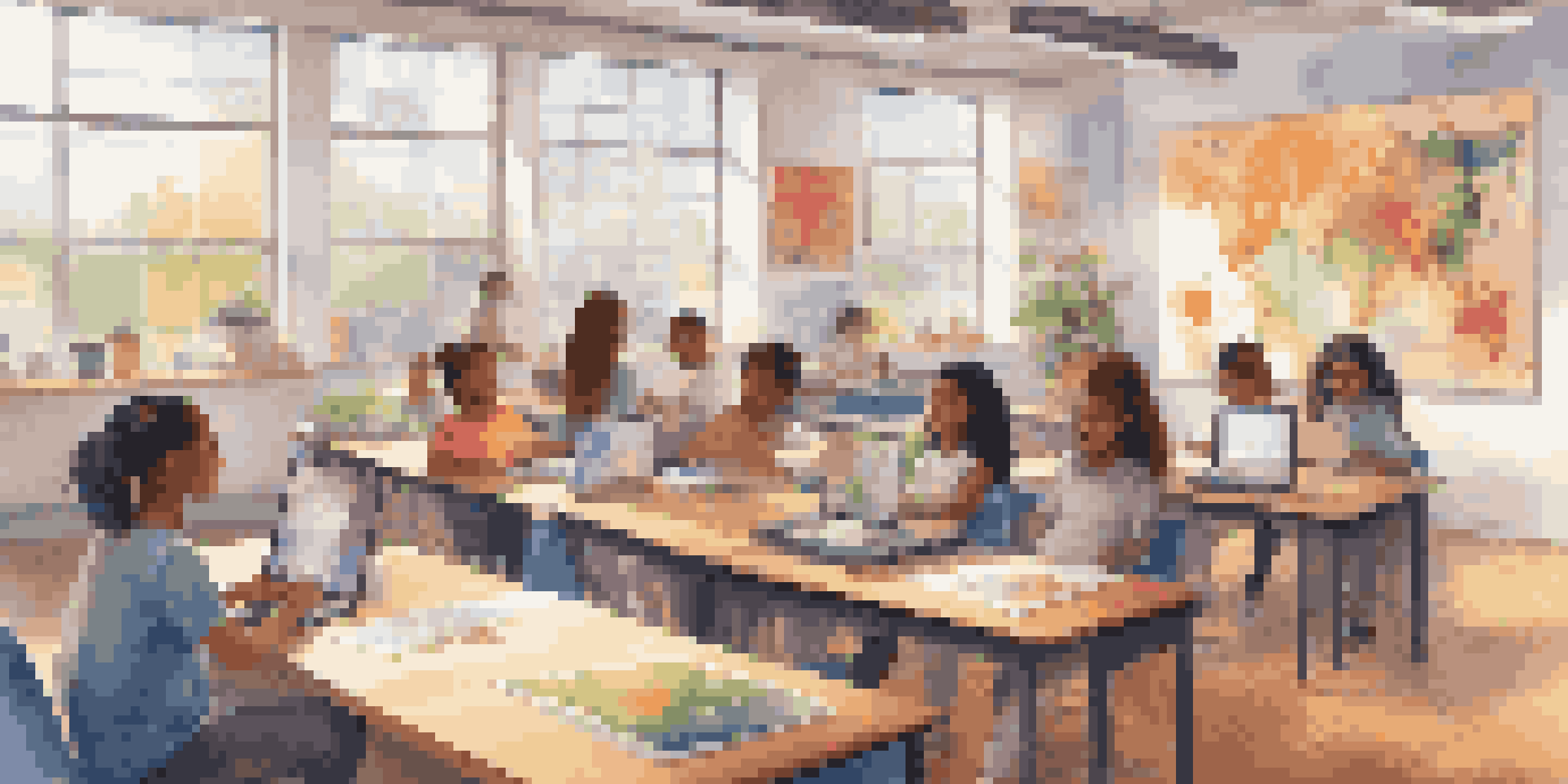 A virtual classroom with diverse students using laptops, surrounded by colorful educational materials and natural light.