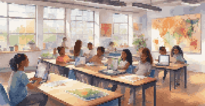 A virtual classroom with diverse students using laptops, surrounded by colorful educational materials and natural light.
