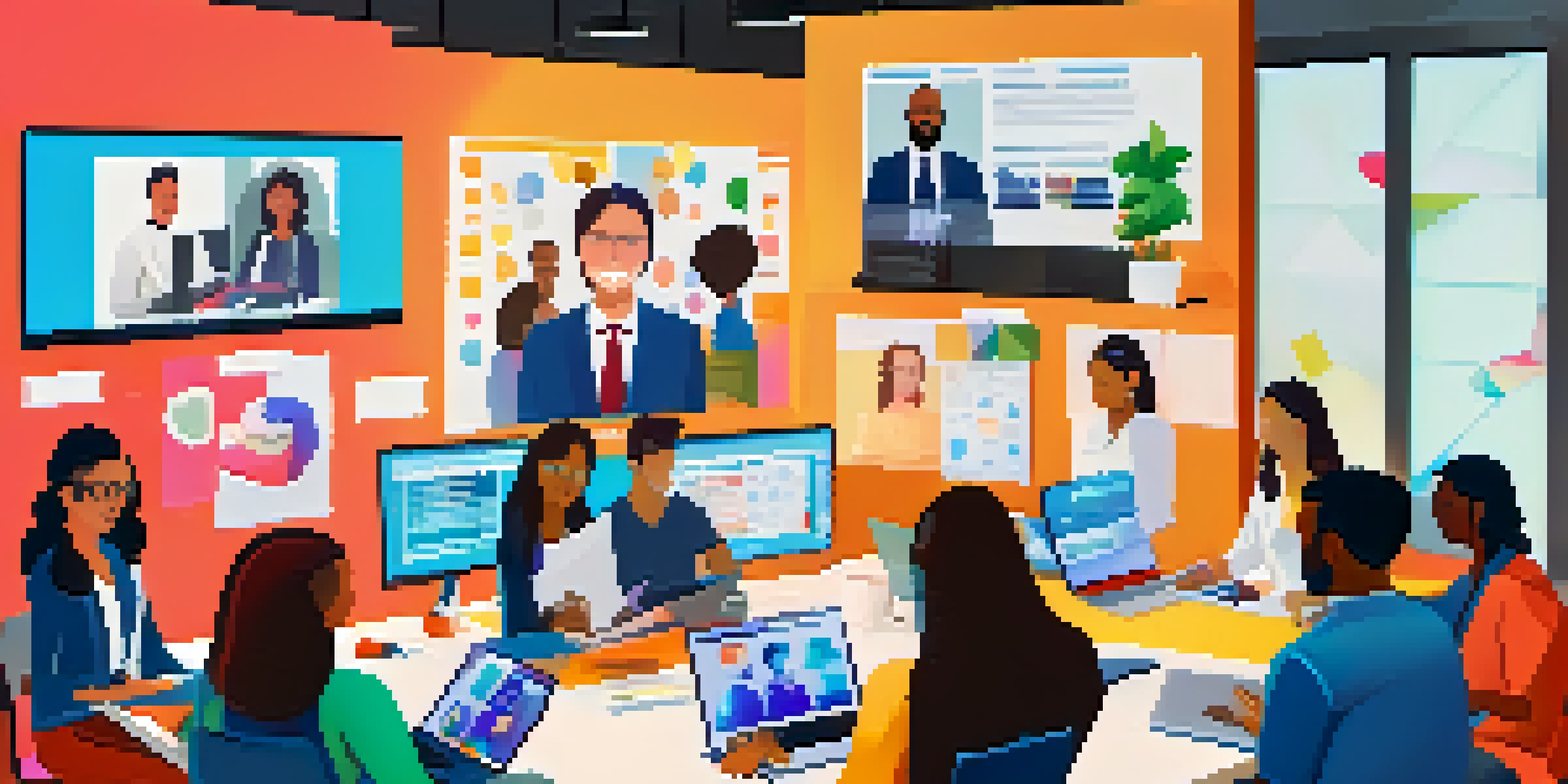 A virtual team meeting with diverse participants smiling and engaging through video conferencing on different devices, showcasing a modern workspace.