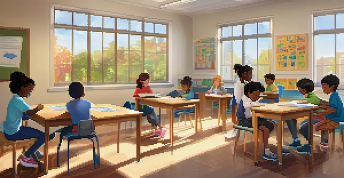 A diverse group of students in a bright and inviting classroom, engaged in various adaptive learning activities with a teacher present.