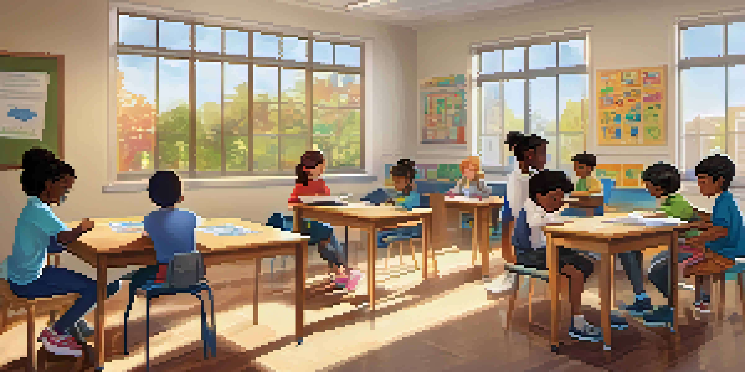 A diverse group of students in a bright and inviting classroom, engaged in various adaptive learning activities with a teacher present.