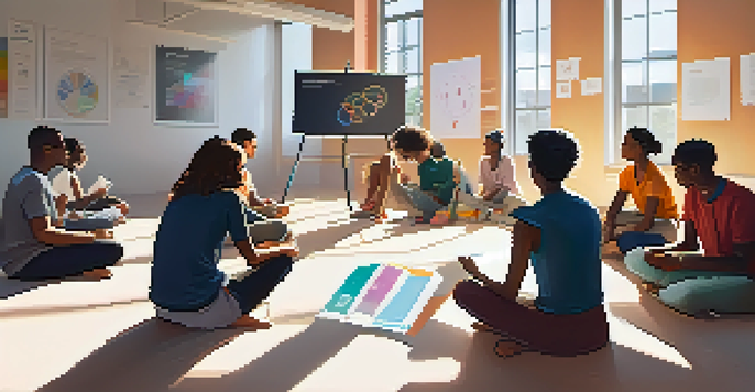 A diverse group of students and educators engaged in a workshop on ethical AI, discussing in a bright and modern room.