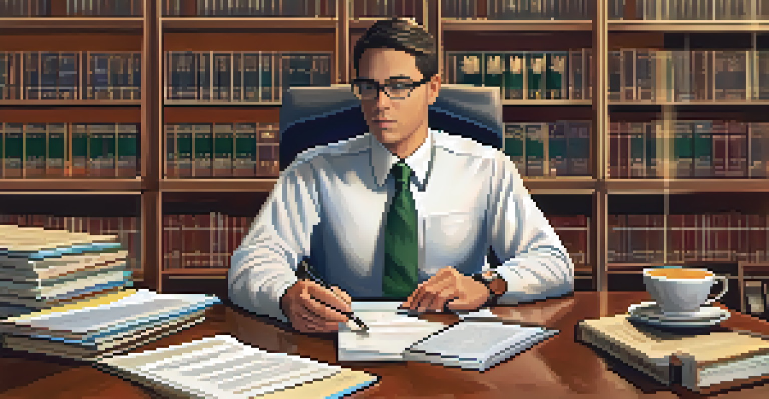 A school administrator reviewing legal documents on crisis management at a cluttered desk with educational resources in the background.