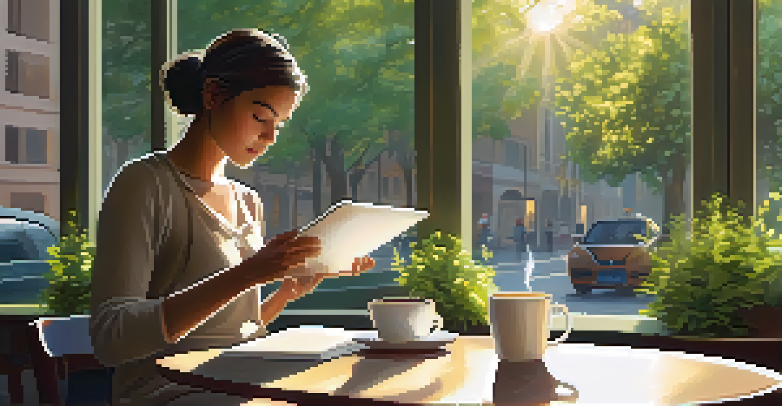 A person practicing language skills on a tablet in a cozy café, surrounded by greenery and natural light.