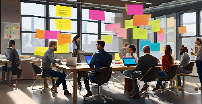A diverse group of professionals working together at a table, surrounded by laptops and colorful sticky notes, in a well-lit office space.
