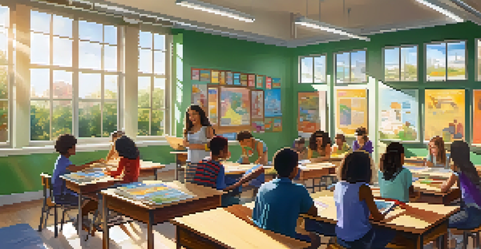 A lively classroom with diverse students actively participating in different educational activities, surrounded by colorful decorations and bright sunlight.