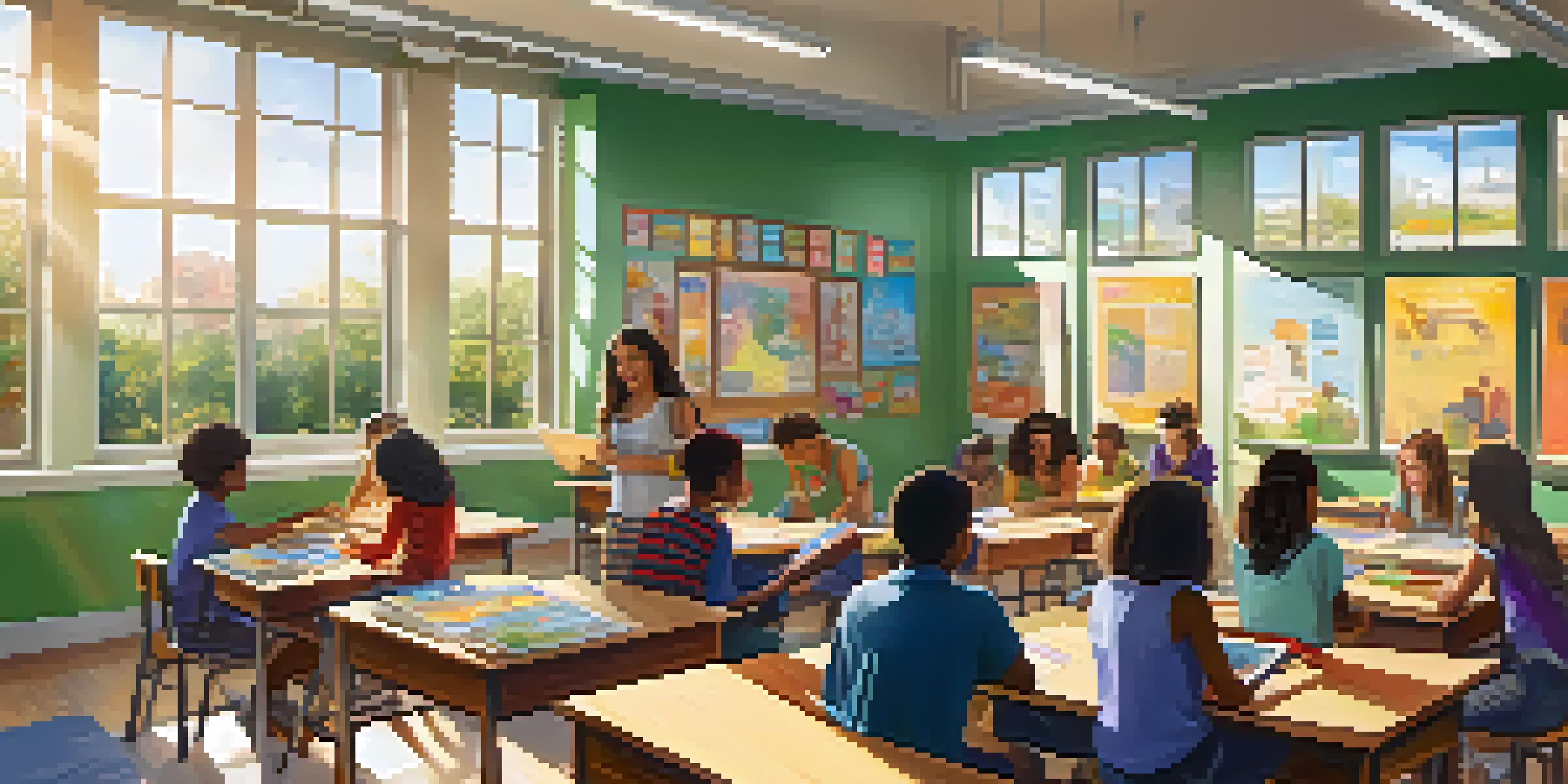 A lively classroom with diverse students actively participating in different educational activities, surrounded by colorful decorations and bright sunlight.