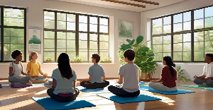 A bright classroom where students are practicing mindfulness meditation, sitting on yoga mats with peaceful expressions and surrounded by plants.