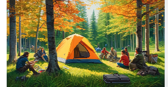 A diverse group of people working together to set up a campsite in a forest, with sunlight filtering through the trees.