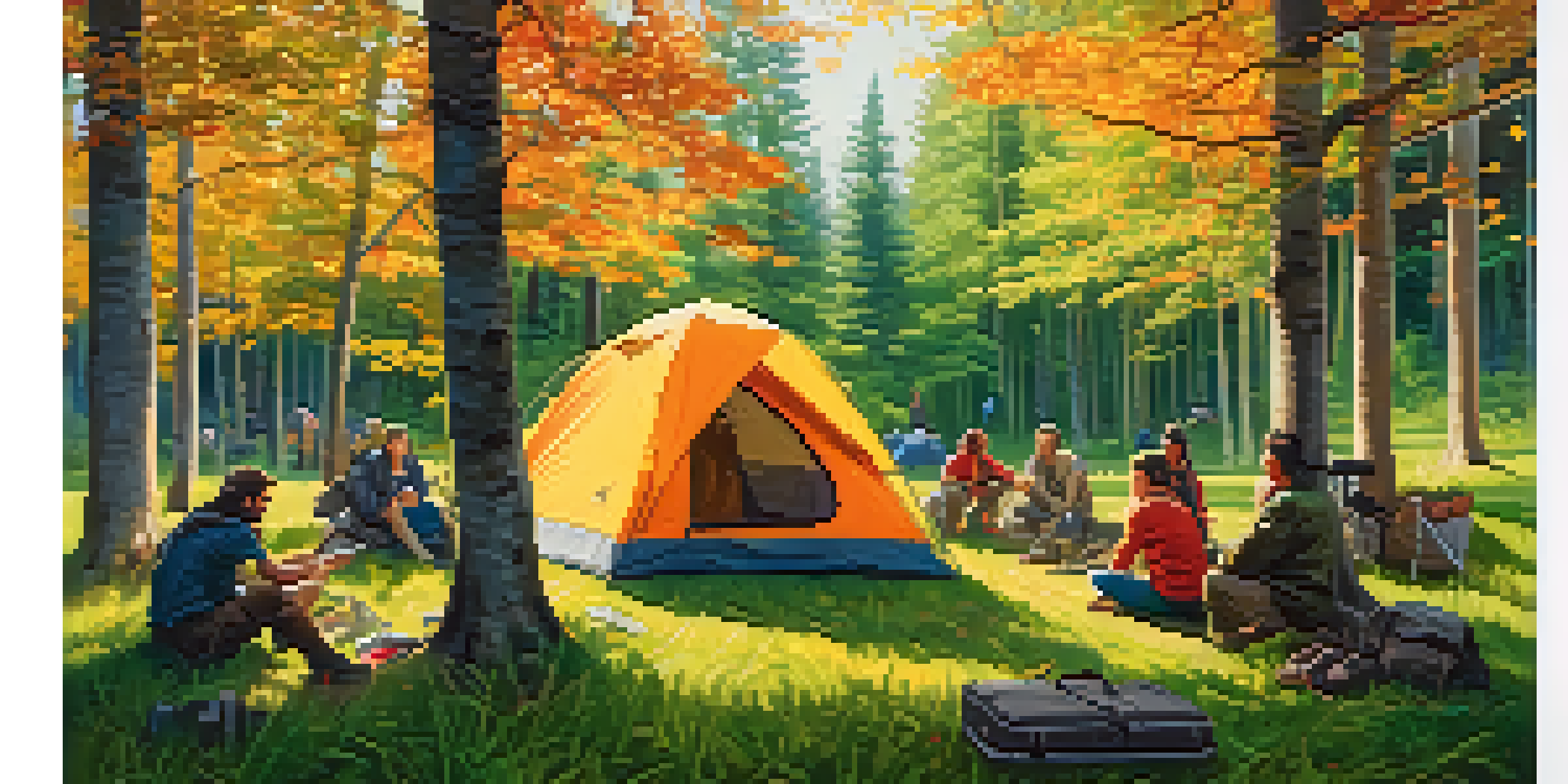 A diverse group of people working together to set up a campsite in a forest, with sunlight filtering through the trees.