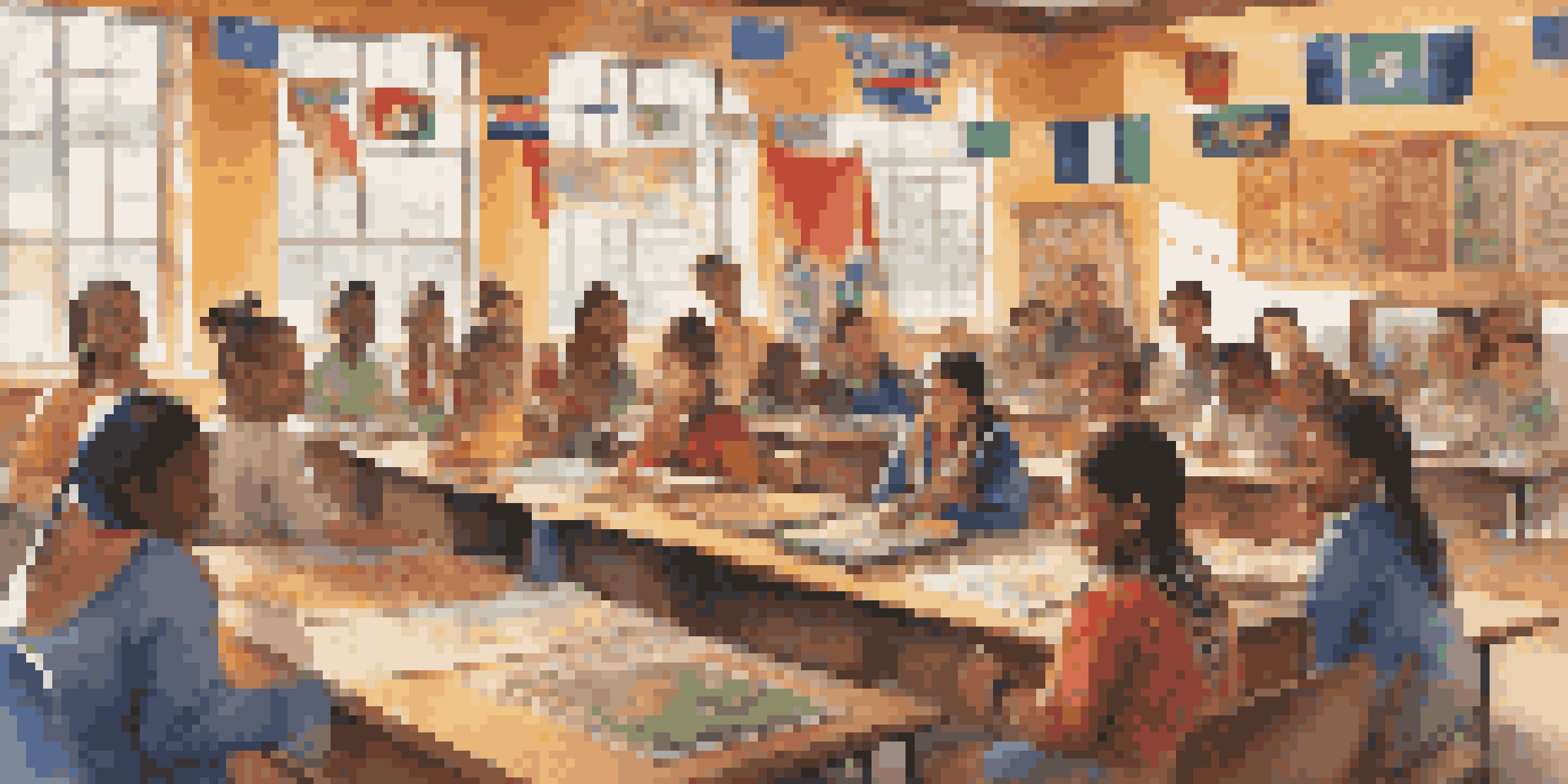 A diverse group of students in a classroom, sharing cultural artifacts and participating in a cultural share day, with sunlight illuminating the scene.