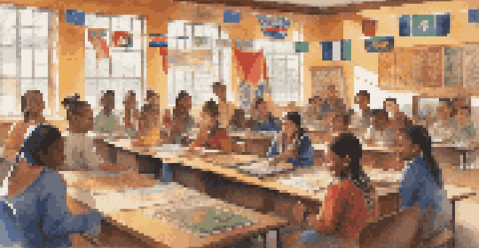 A diverse group of students in a classroom, sharing cultural artifacts and participating in a cultural share day, with sunlight illuminating the scene.