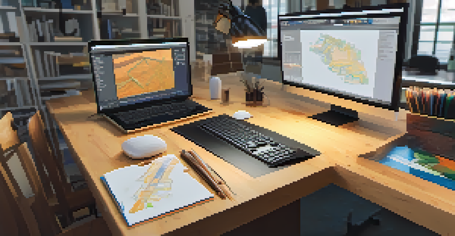 A student's hands working on a CAD software, displaying a 3D model of a bridge design, with blueprints and tools on the desk.