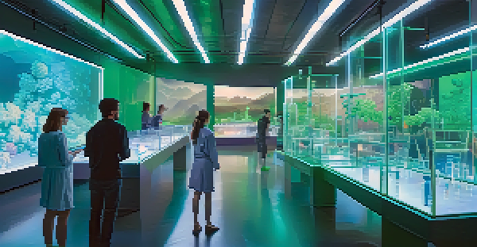 Students engaged in a virtual lab with holographic displays of chemical experiments in a modern setting.