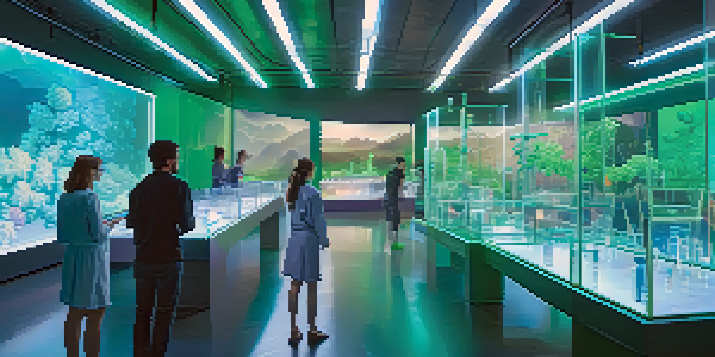 Students engaged in a virtual lab with holographic displays of chemical experiments in a modern setting.