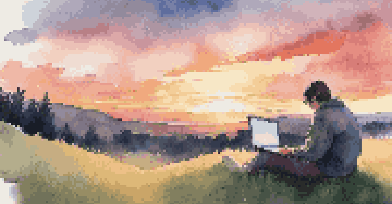 A person sitting on a grassy hill with books and a laptop, watching a colorful sunset with fluffy clouds.