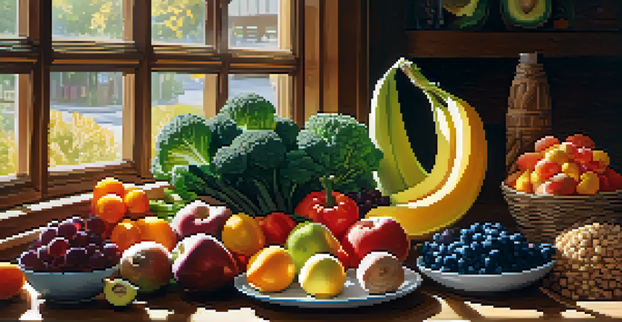 A visually appealing arrangement of fresh fruits, vegetables, lean proteins, and whole grains on a wooden table, illuminated by natural light.