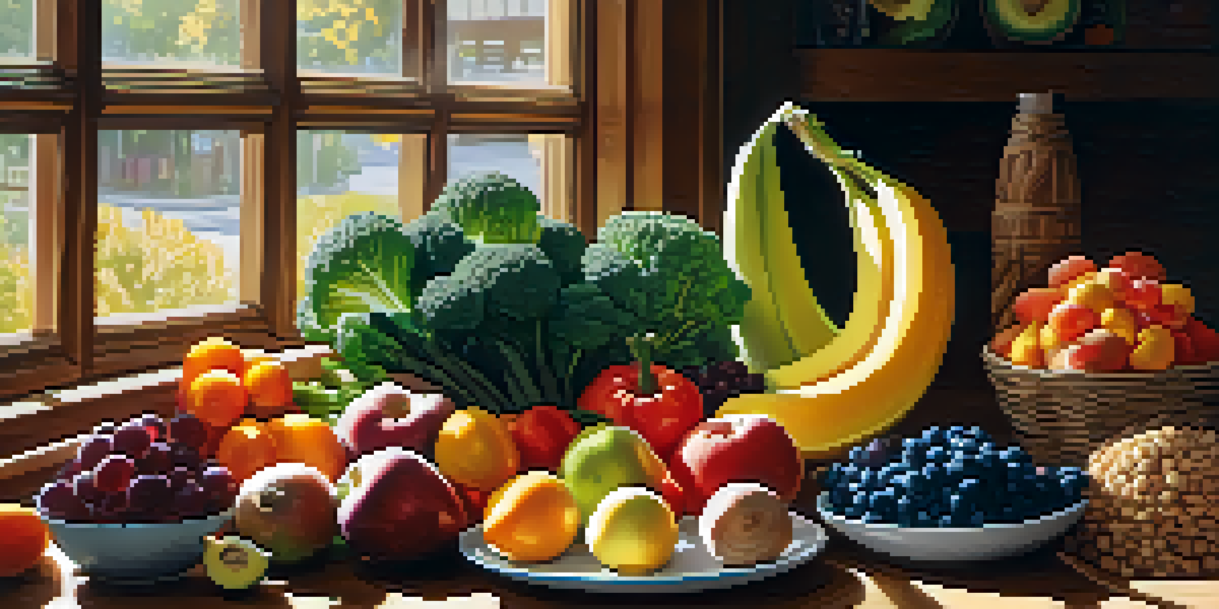 A visually appealing arrangement of fresh fruits, vegetables, lean proteins, and whole grains on a wooden table, illuminated by natural light.