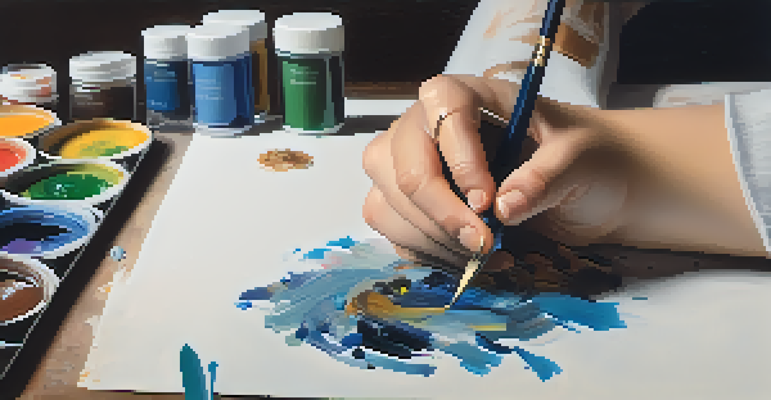 A student's hands working on a mixed-media artwork with various materials and art supplies in the background.