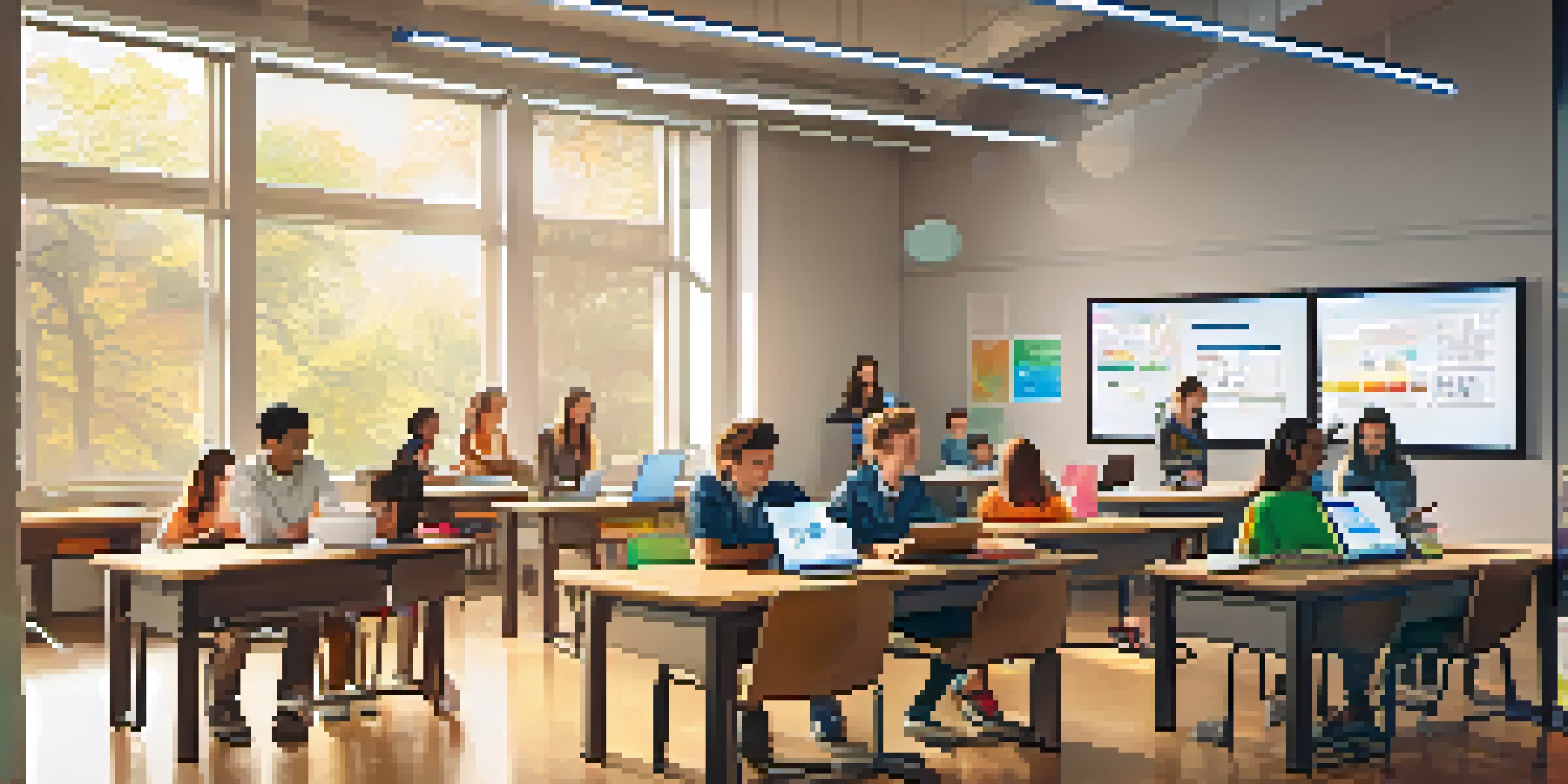 A modern classroom where students use technology while a teacher engages them in discussion, illuminated by soft natural light.