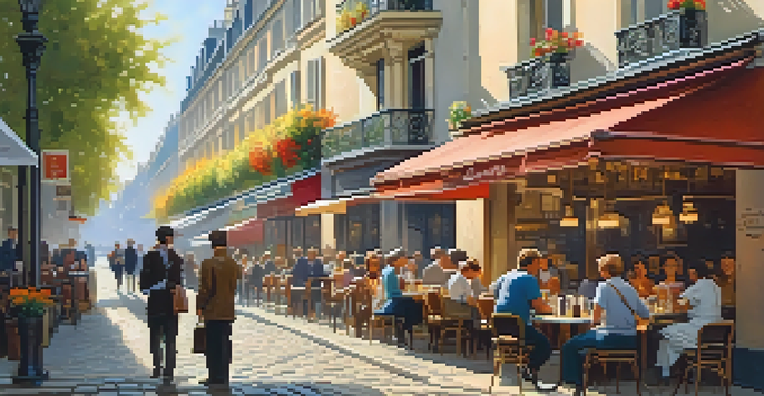A busy Parisian café filled with people enjoying coffee and pastries, with bright flower pots and warm sunlight illuminating the scene.
