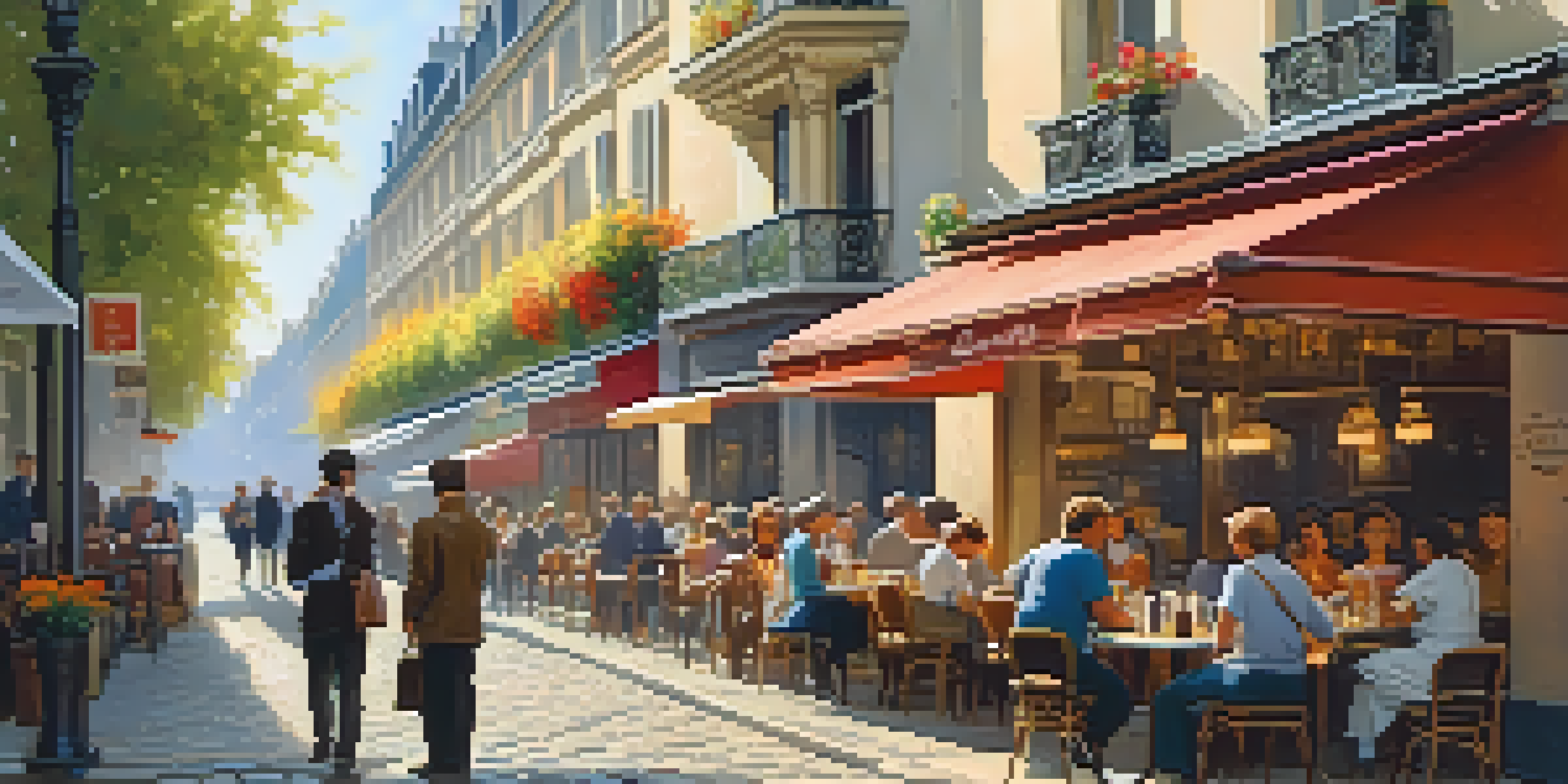 A busy Parisian café filled with people enjoying coffee and pastries, with bright flower pots and warm sunlight illuminating the scene.