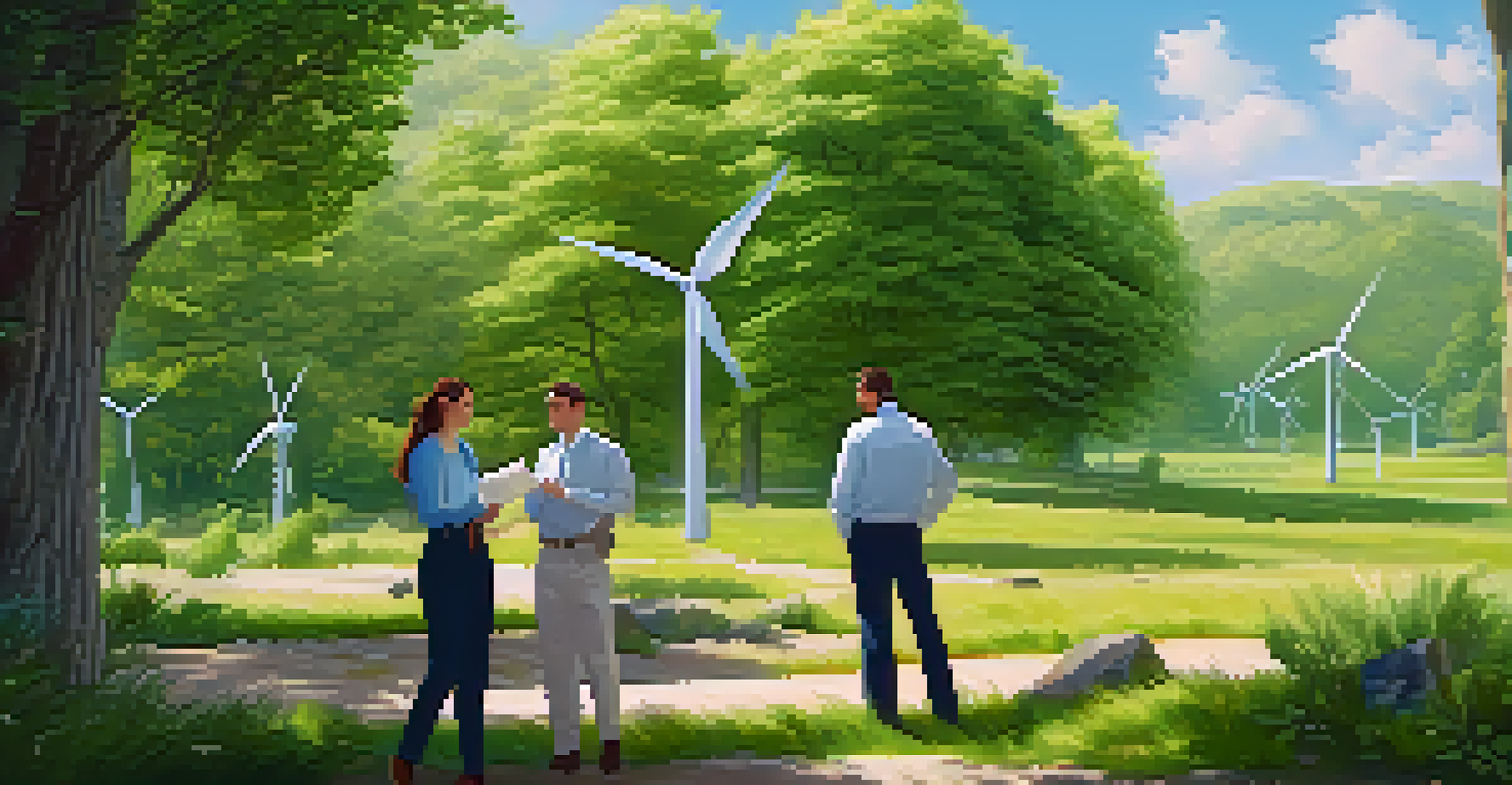 Engineers and environmental scientists collaborating on a renewable energy project in a lush outdoor setting.