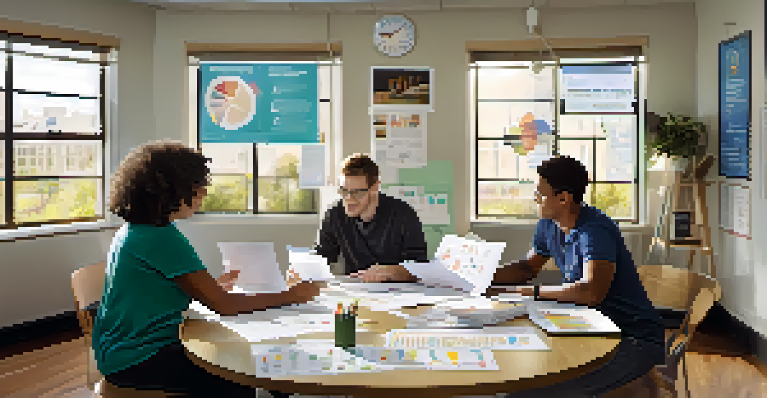 An educator and parents analyzing community feedback at a round table, illuminated by natural light, with educational posters in the background.
