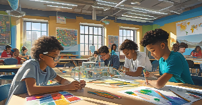 A diverse group of students working together in a bright classroom on a STEAM project, surrounded by robotics kits and art supplies.