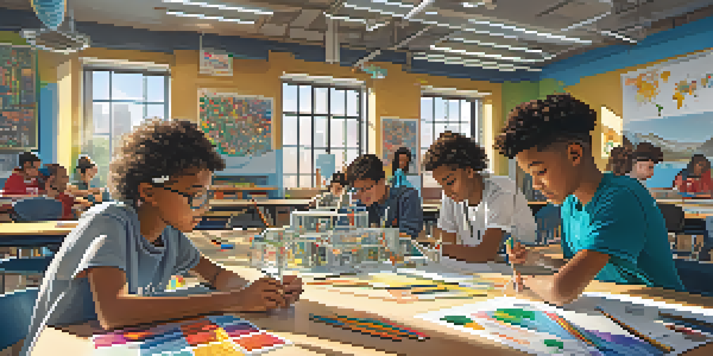 A diverse group of students working together in a bright classroom on a STEAM project, surrounded by robotics kits and art supplies.