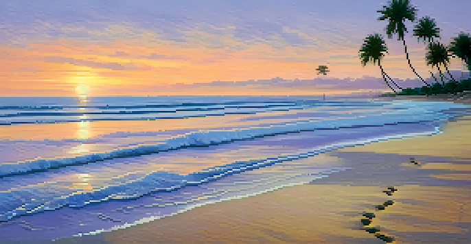 A peaceful beach at sunset with pastel colors in the sky, footprints in the sand, and palm trees in the distance.