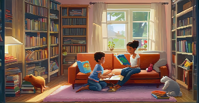 A parent reading a colorful picture book to a young child in a cozy living room filled with books and toys.