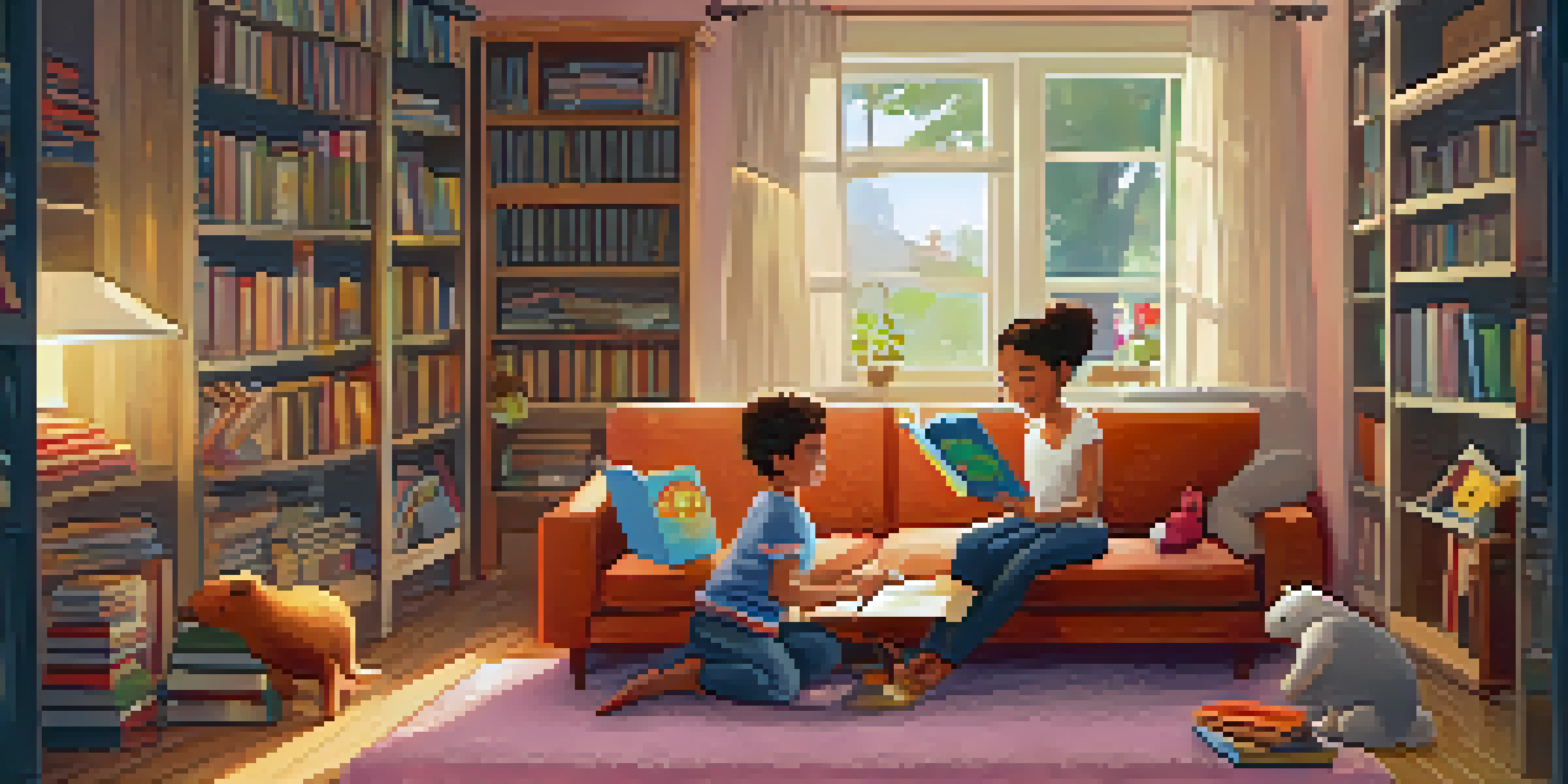 A parent reading a colorful picture book to a young child in a cozy living room filled with books and toys.