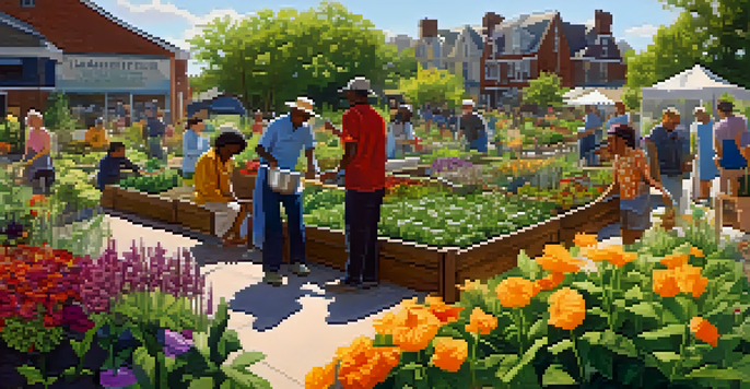 A lively community garden where diverse individuals collaborate on gardening, with colorful plants and warm sunlight illuminating the scene.