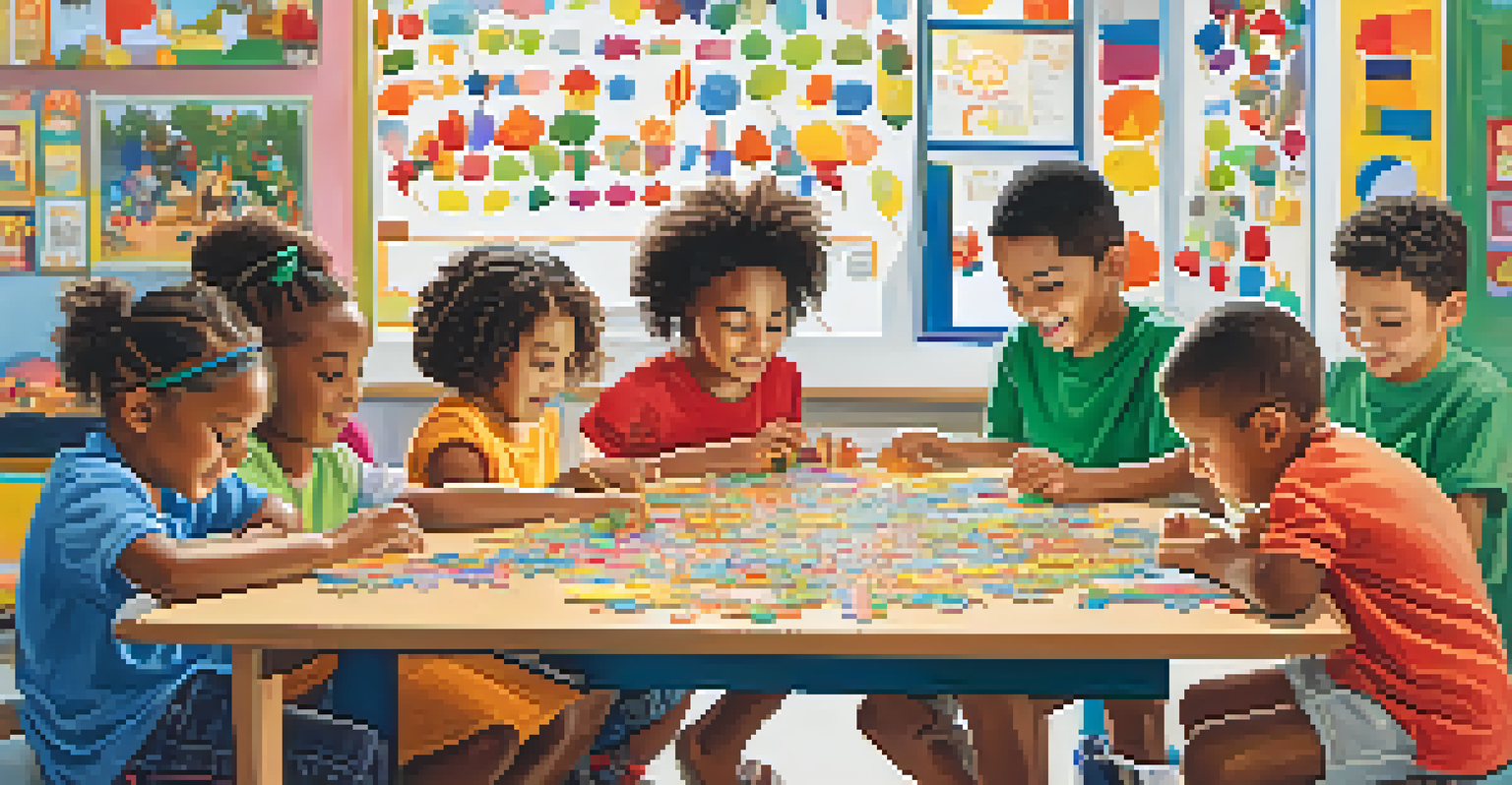Diverse children collaborating on a puzzle at a large table, with educational tools around them, in a bright and cheerful classroom setting.