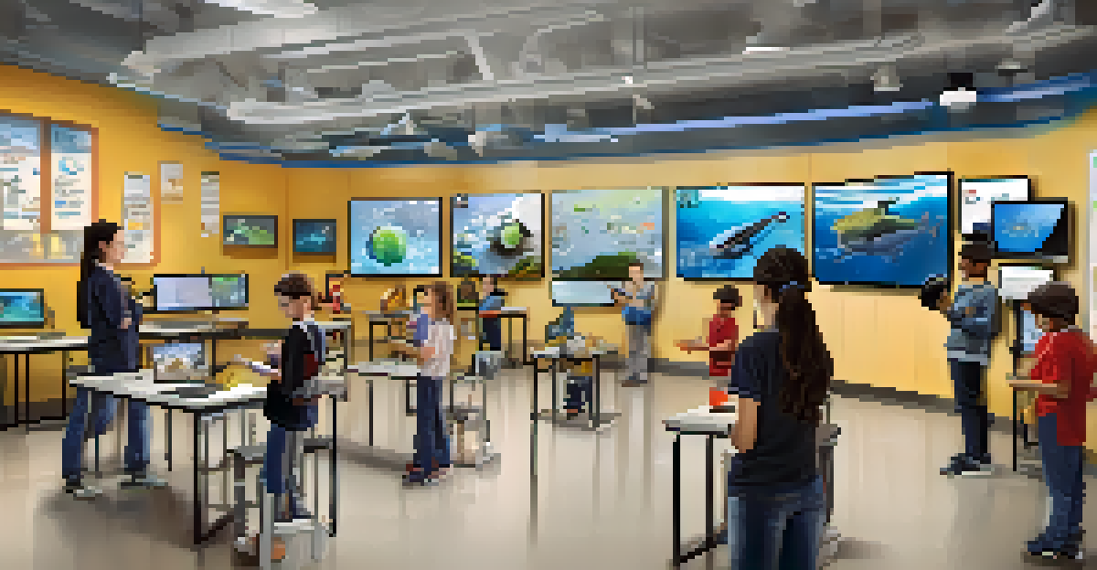 Students using tablets and virtual reality headsets in a modern classroom, exploring science concepts through technology.