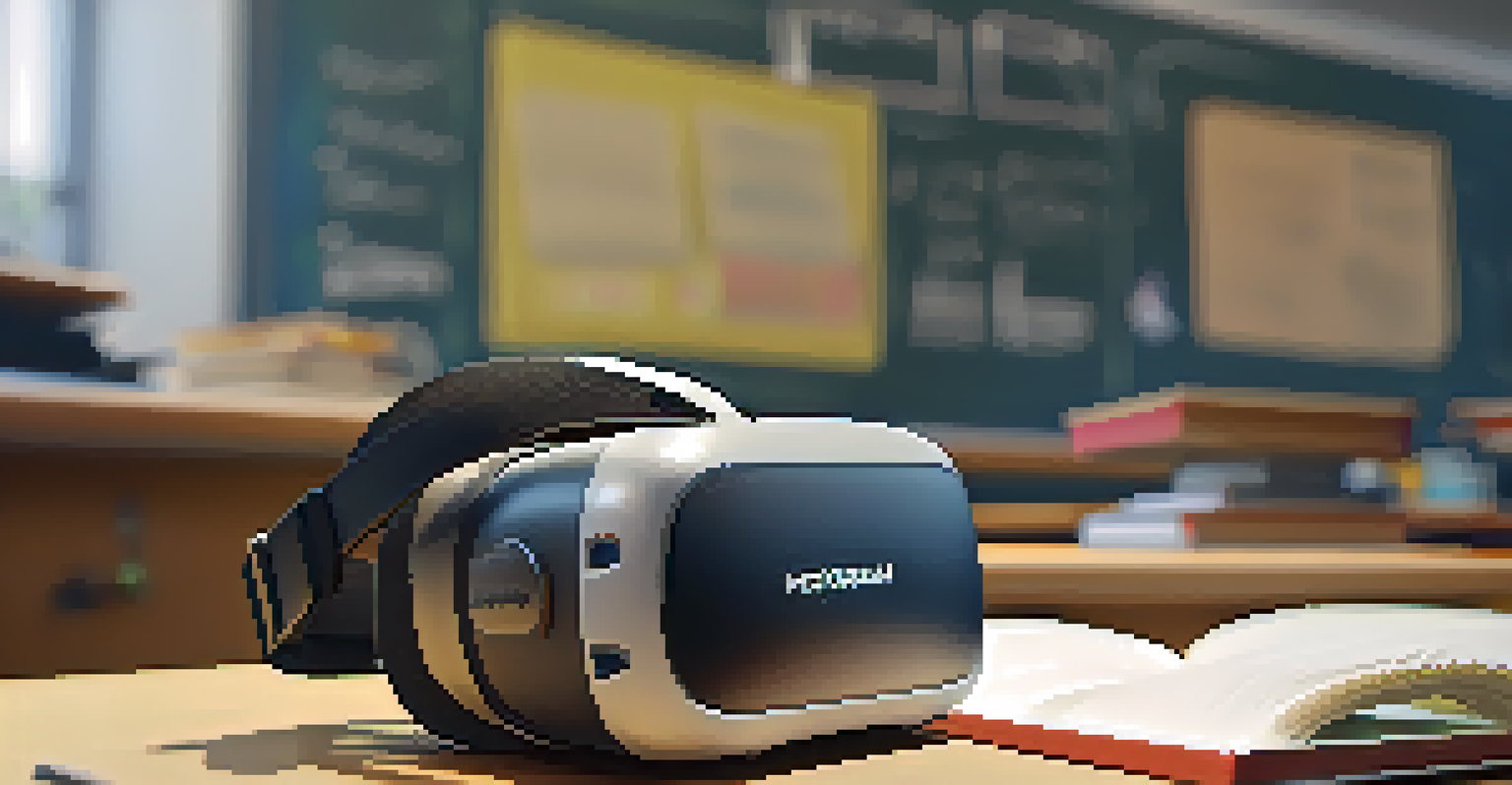 Close-up of a virtual reality headset on a desk with textbooks and notes in a classroom, illuminated by soft ambient light.