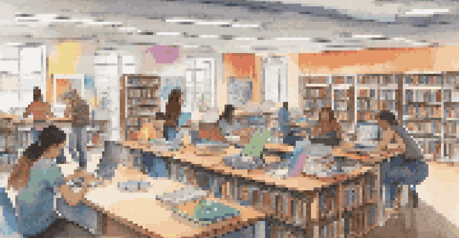 A vibrant library with students using laptops and tablets to access Open Educational Resources, surrounded by colorful books and educational posters.
