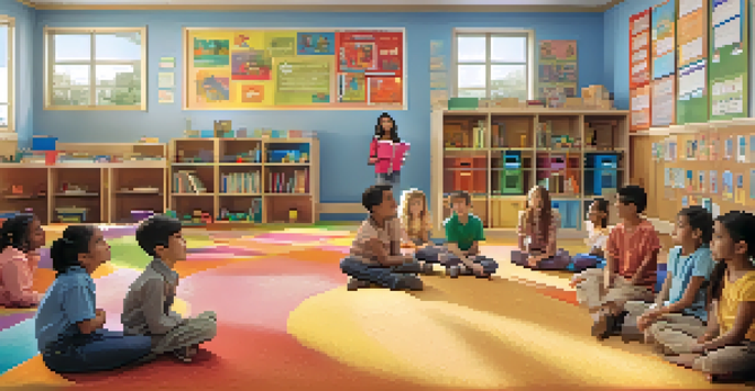 A lively classroom scene where children are role-playing, displaying different emotions through their expressions and gestures, surrounded by a colorful and bright environment.