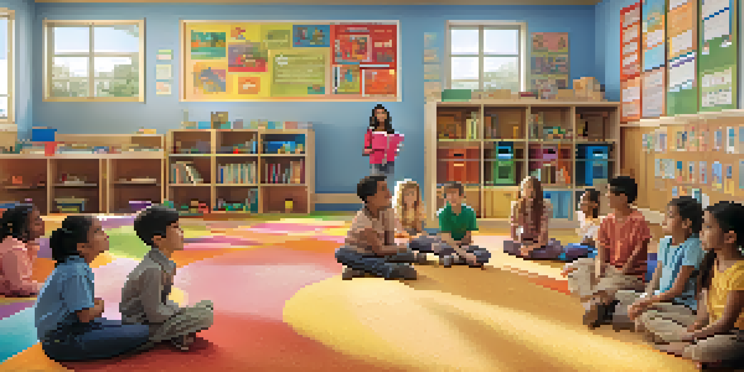 A lively classroom scene where children are role-playing, displaying different emotions through their expressions and gestures, surrounded by a colorful and bright environment.