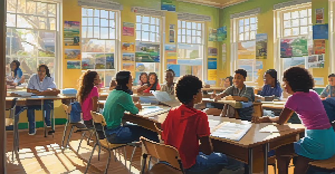 A diverse group of students in a classroom discussing civic engagement with colorful posters on the walls and sunlight streaming in.