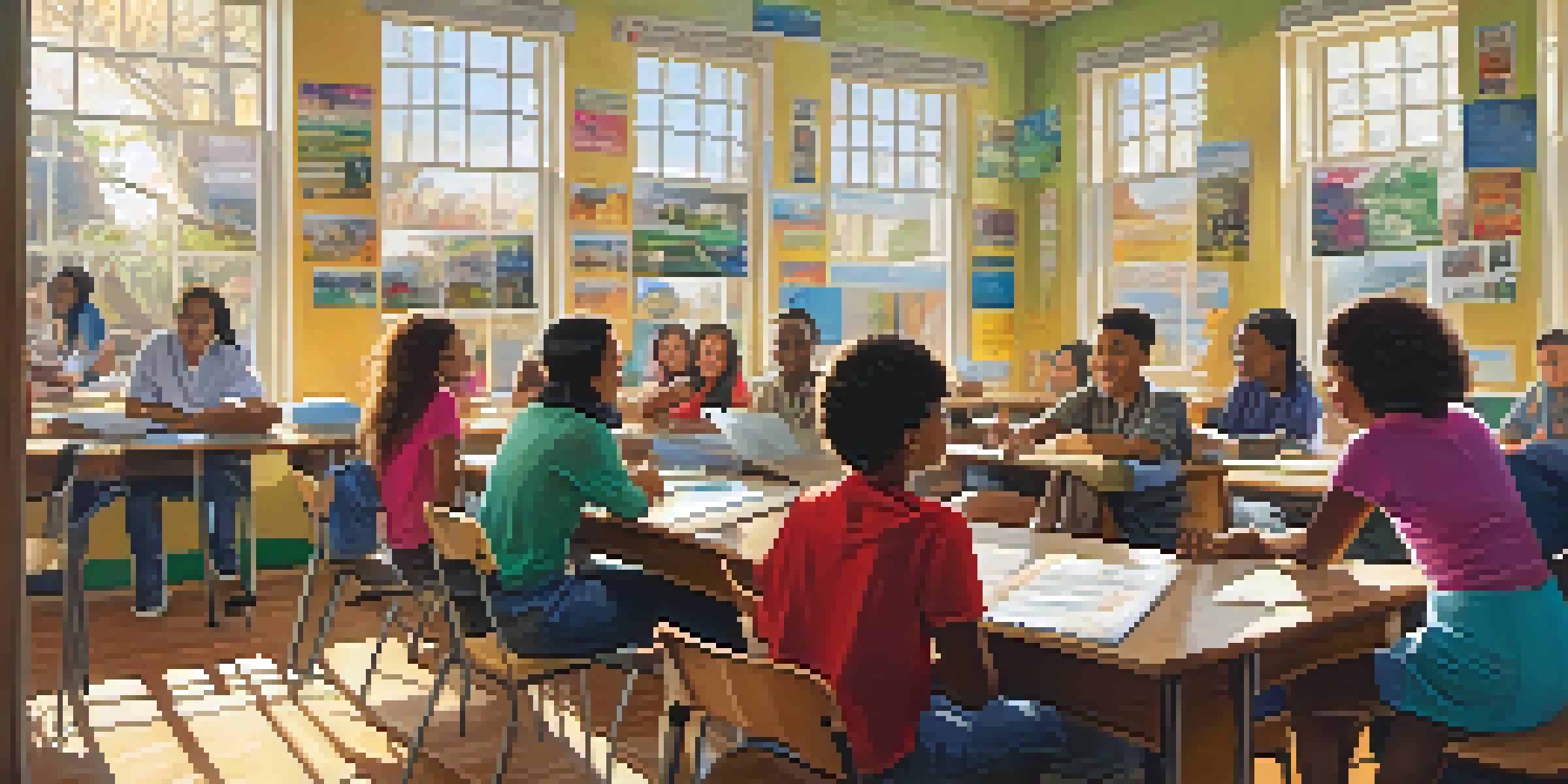 A diverse group of students in a classroom discussing civic engagement with colorful posters on the walls and sunlight streaming in.