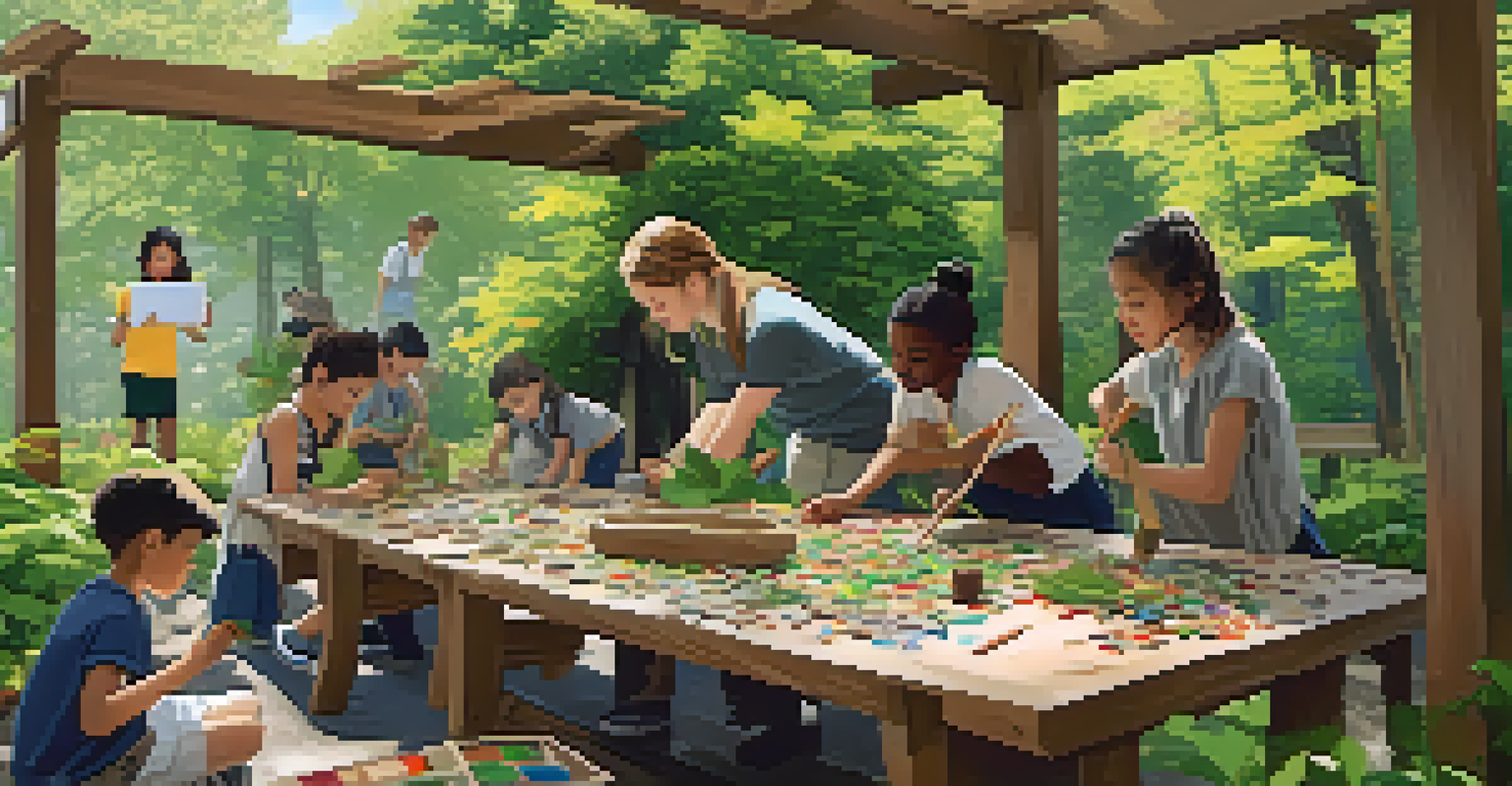 Students working on an eco-friendly art project at a wooden table in an outdoor classroom filled with greenery.