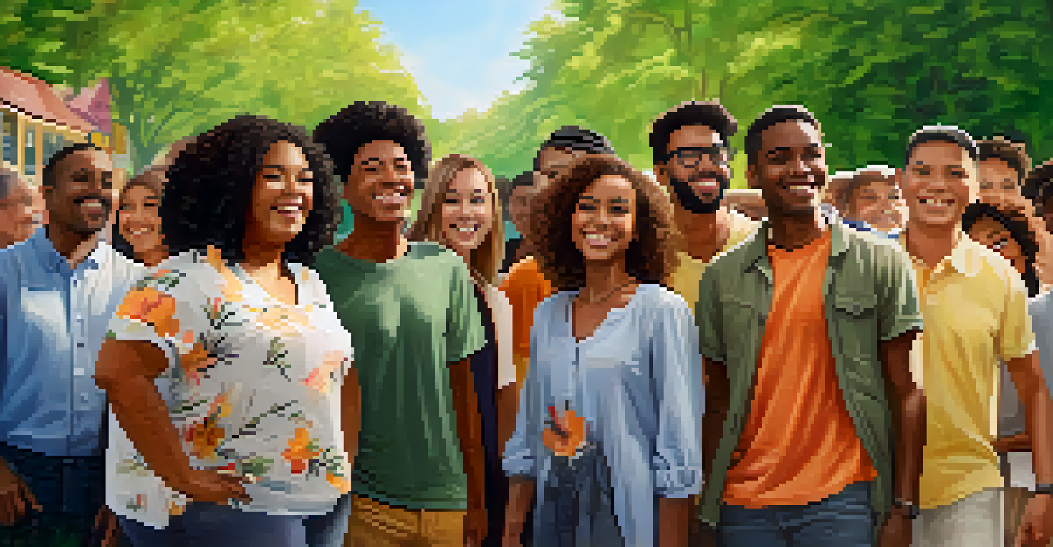 A diverse group of smiling people in a park, representing community and inclusivity.