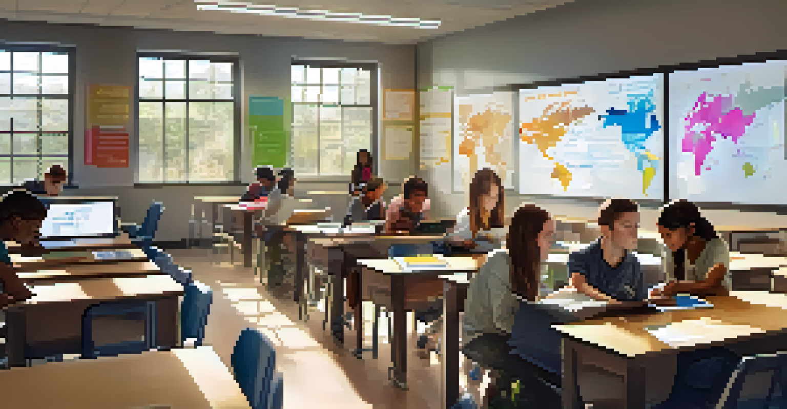 Students collaborating in a bright classroom, using mobile devices for an interactive learning experience.