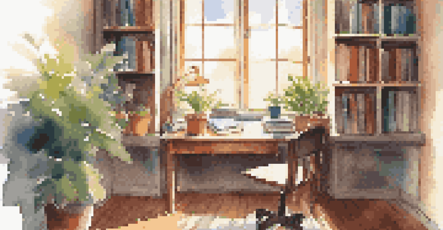 A cozy study space featuring a chair, books, and a plant, illuminated by sunlight from a window, promoting a sense of calm.