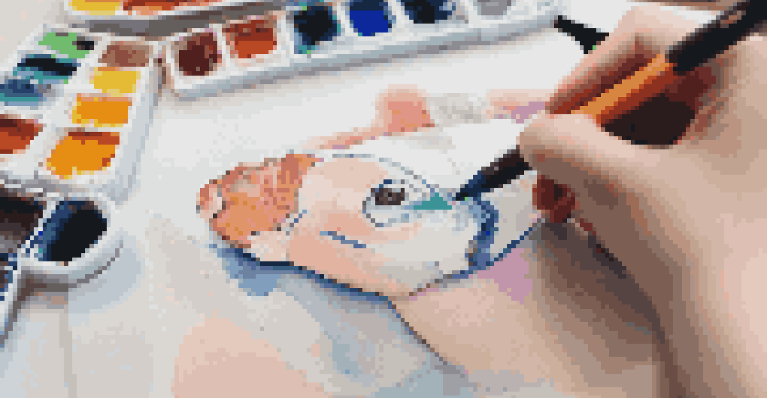 A close-up of a student's hands creating a project with colorful materials on a well-organized workspace.