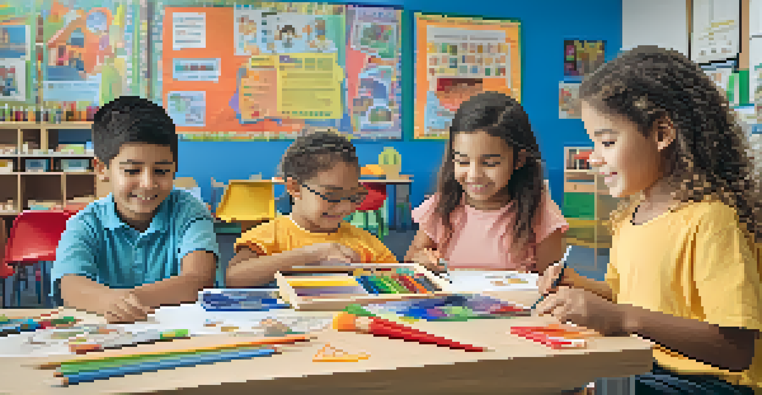 Children role-playing in a classroom, engaging in emotional regulation and empathy activities, surrounded by art supplies and a vibrant learning environment.