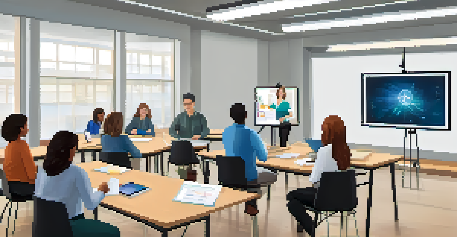 A workshop for educators learning about adaptive learning technologies, featuring a facilitator and engaged teachers using laptops in a collaborative setting.