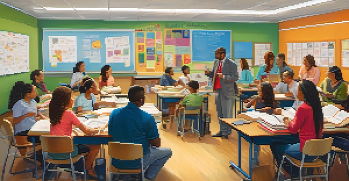 A diverse group of educators collaborating at a table in a classroom, surrounded by educational materials and engaged in discussion.
